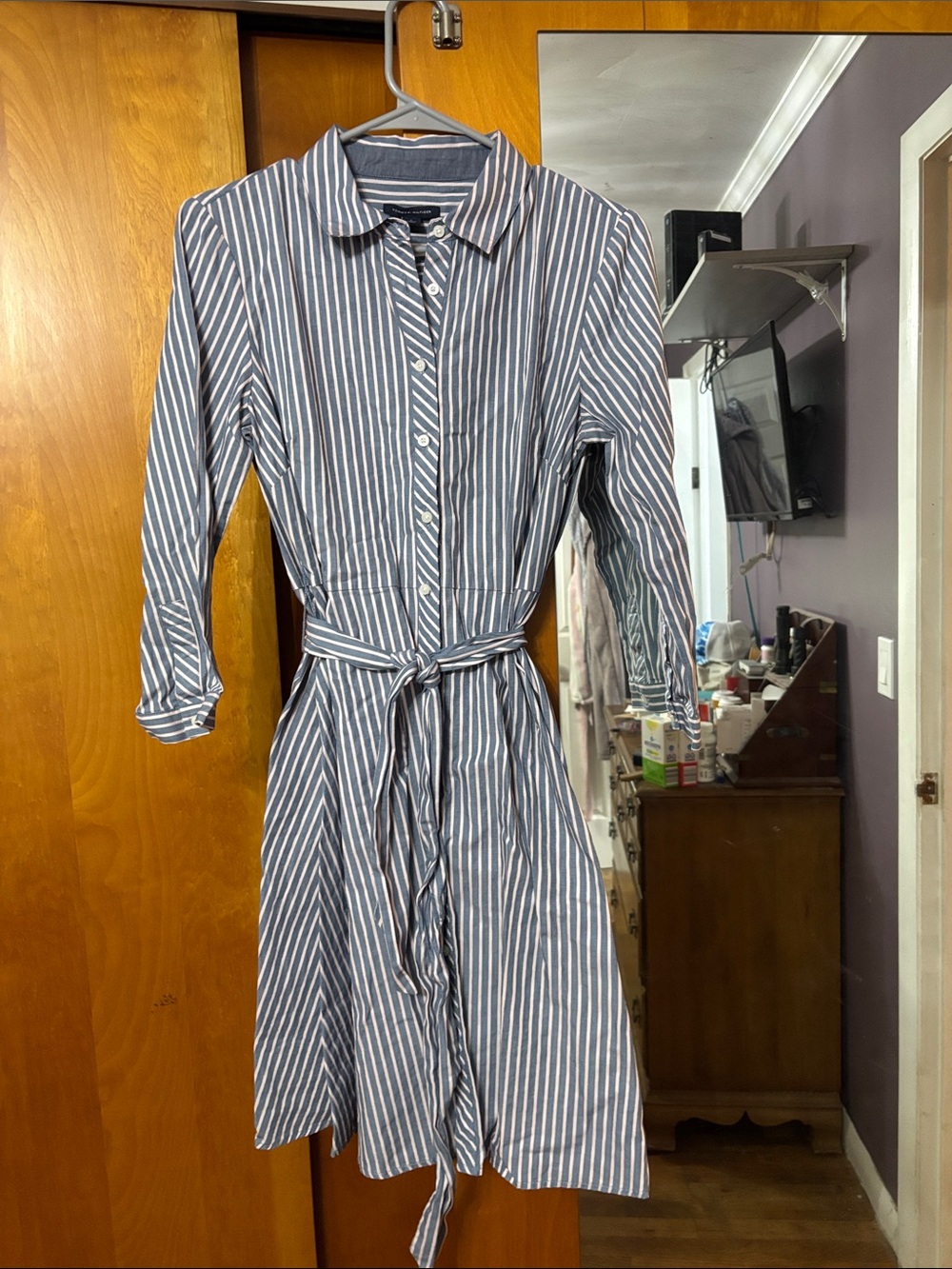 Tommy Hilfiger Blue and White Striped Midi Shirt Dress with Tie Waist